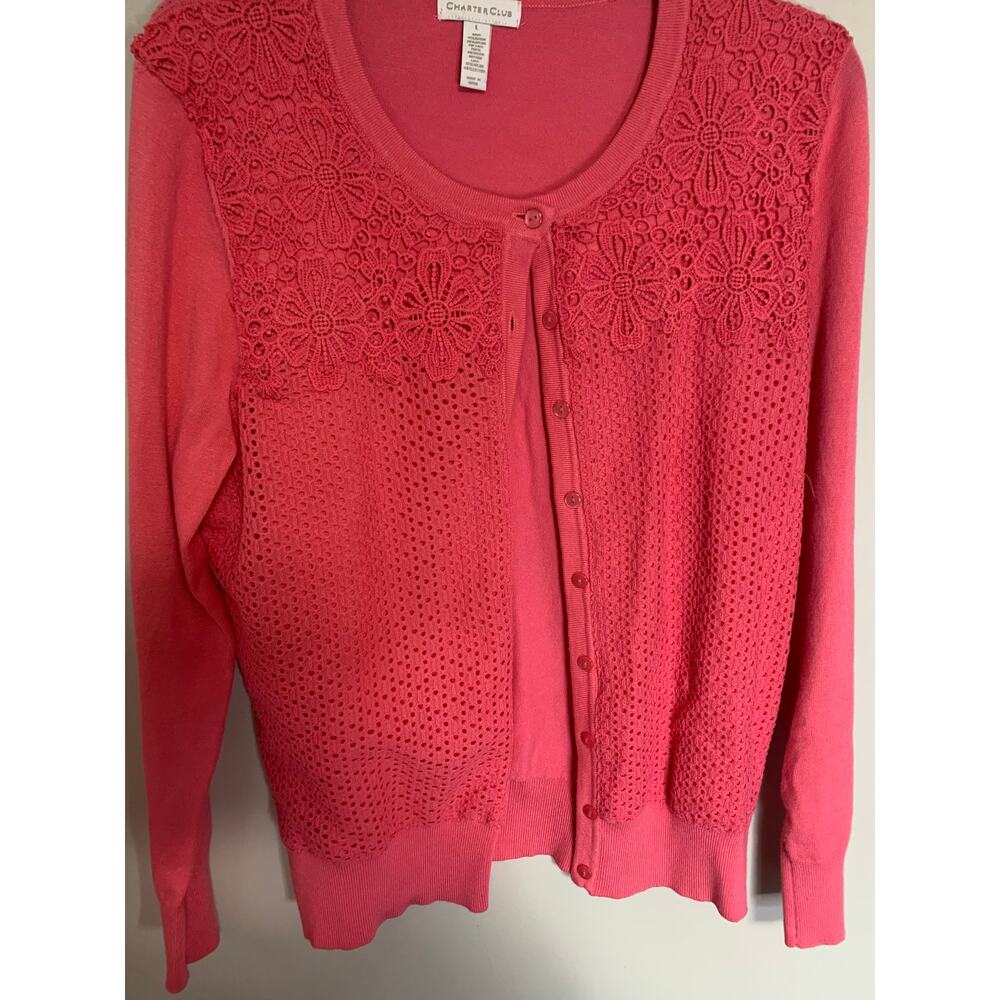 Charter Club Pink Lace-Front Cardigan Sweater
